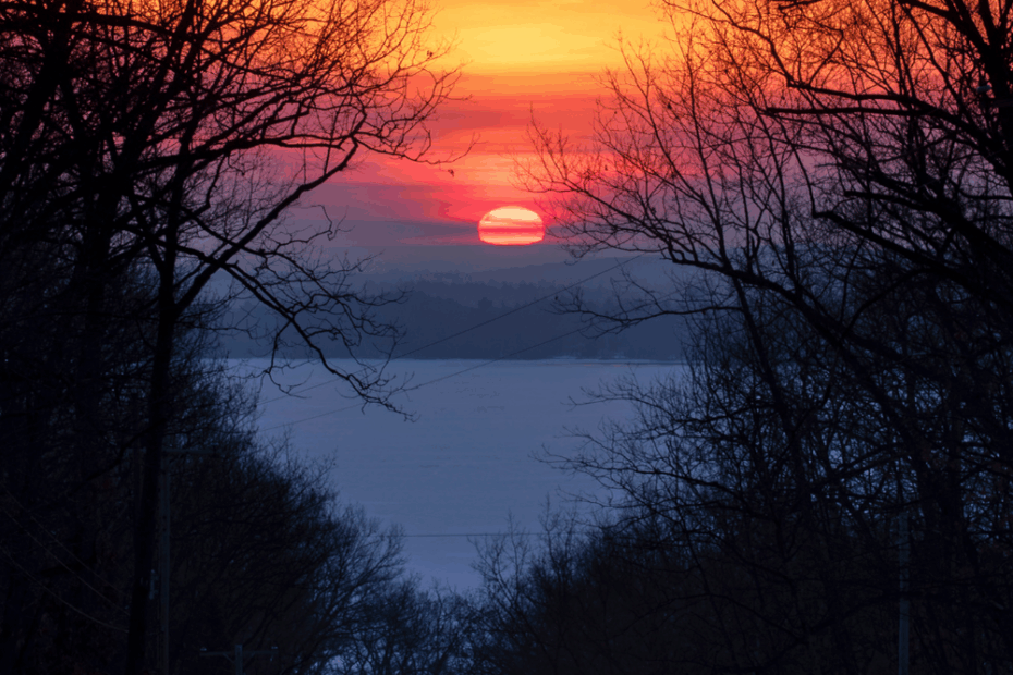 Atardecer del equinoccio de otoño con el sol en el horizonte entre árboles, simbolizando equilibrio entre luz y oscuridad.