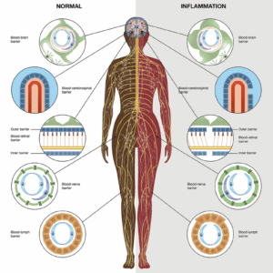 Ilustración médica que compara el cuerpo humano en estado normal y con inflamación silenciosa, mostrando las barreras hematoencefálica, hematorretiniana, nerviosa y linfática.