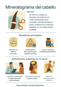 Infografía sobre el análisis mineral del cabello (mineralograma), sus beneficios y aplicaciones prácticas en salud preventiva y nutricional.