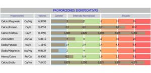 Tabla de proporciones minerales significativas (Ca/Mg, Ca/K, Ca/P, Zn/Cu, Na/K, Na/Mg, Fe/Cu, Ca/Na) con valores carentes, normales y elevados.