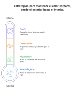Estrategias para mantener el calor corporal desde el exterior hacia el interior: sueño, combustible, movimiento y termohigiene.