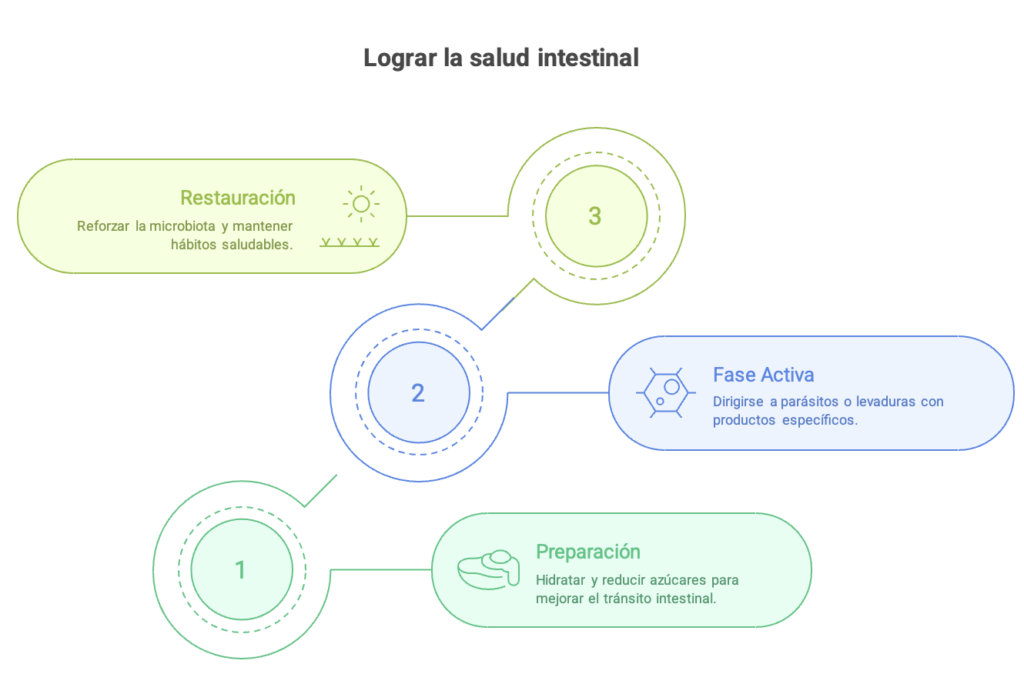Infografía del protocolo por fases para tratar una parasitosis a tiempo: preparación, fase activa y restauración.