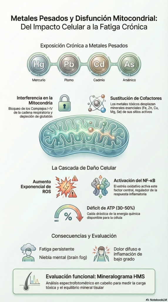 infografía sobre disfunción mitocondrial por metales pesados y cascada inflamatoria