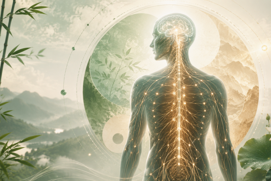 Imagen conceptual de Medicina Tradicional China y PNEI con sistema nervioso, teoría polivagal y equilibrio energético integrativo.
