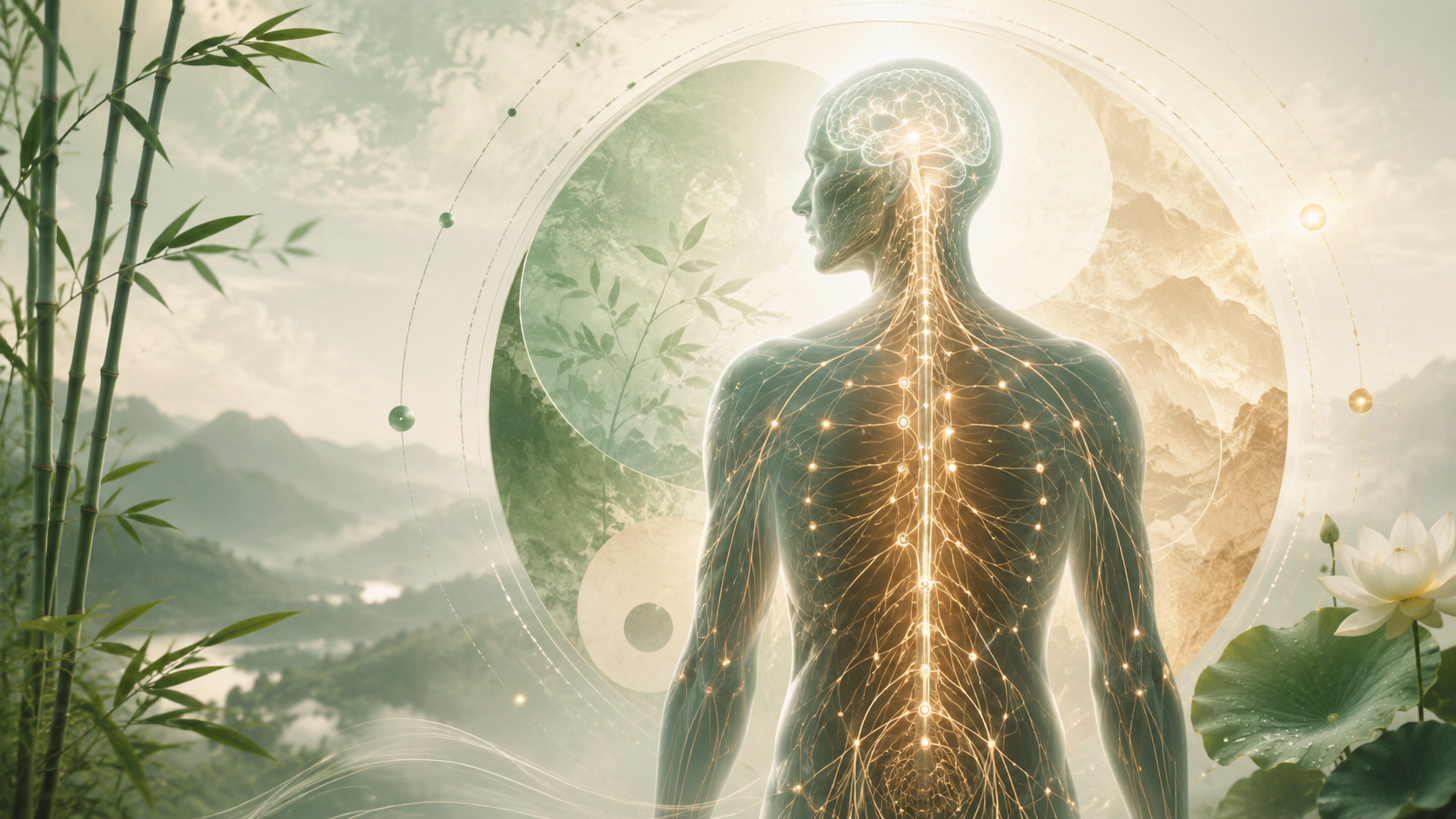 Imagen conceptual de Medicina Tradicional China y PNEI con sistema nervioso, teoría polivagal y equilibrio energético integrativo.