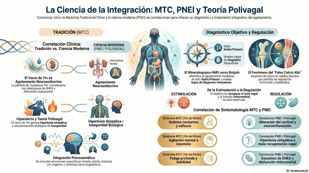 nfografía de Medicina Tradicional China y PNEI sobre vacío de Yin, teoría polivagal, mineralograma HMS y regulación neuroendocrina.