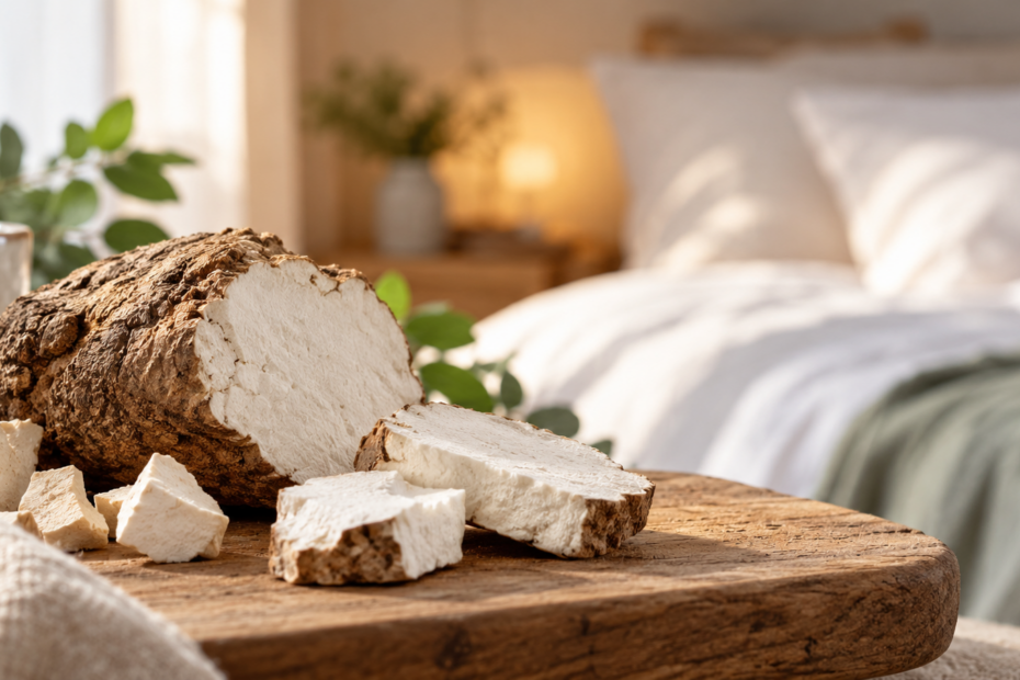 Poria cocos y sueño profundo: hongo medicinal sobre madera natural con un dormitorio al fondo