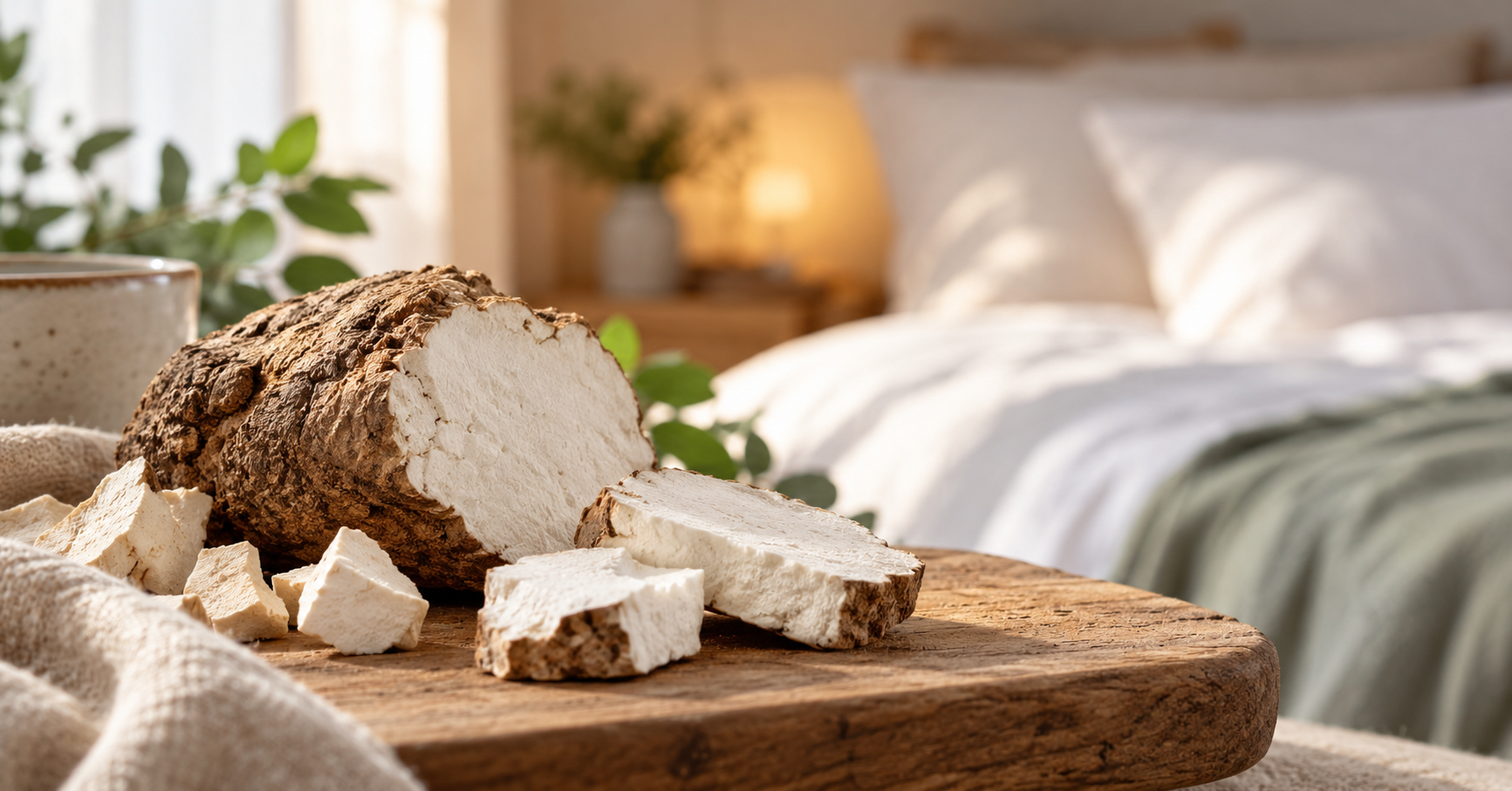 Poria cocos y sueño profundo: hongo medicinal sobre madera natural con un dormitorio al fondo